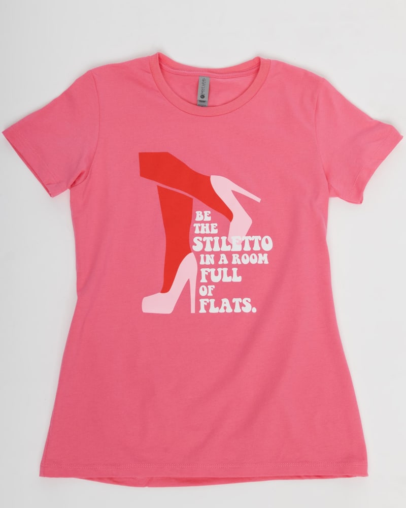 Front of a size L Unique Vintage Be The Stiletto Pink Fitted Womens Graphic Tee in Pink by Unique Vintage. | dia_product_style_image_id:299000